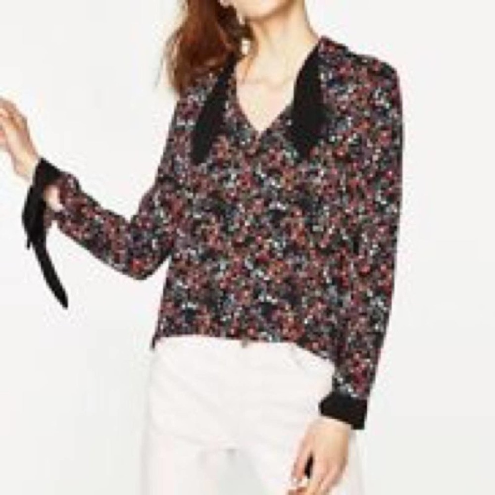 Zara Cottagecore Size Small Red Micro Floral High Bow Neck Long Sleeve Crop Top